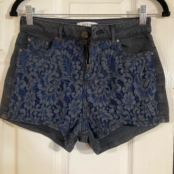 GUESS Womens Claudia Tinsel Blend Lace-Trim Denim Shorts Black 27 - Picture 8 of 9